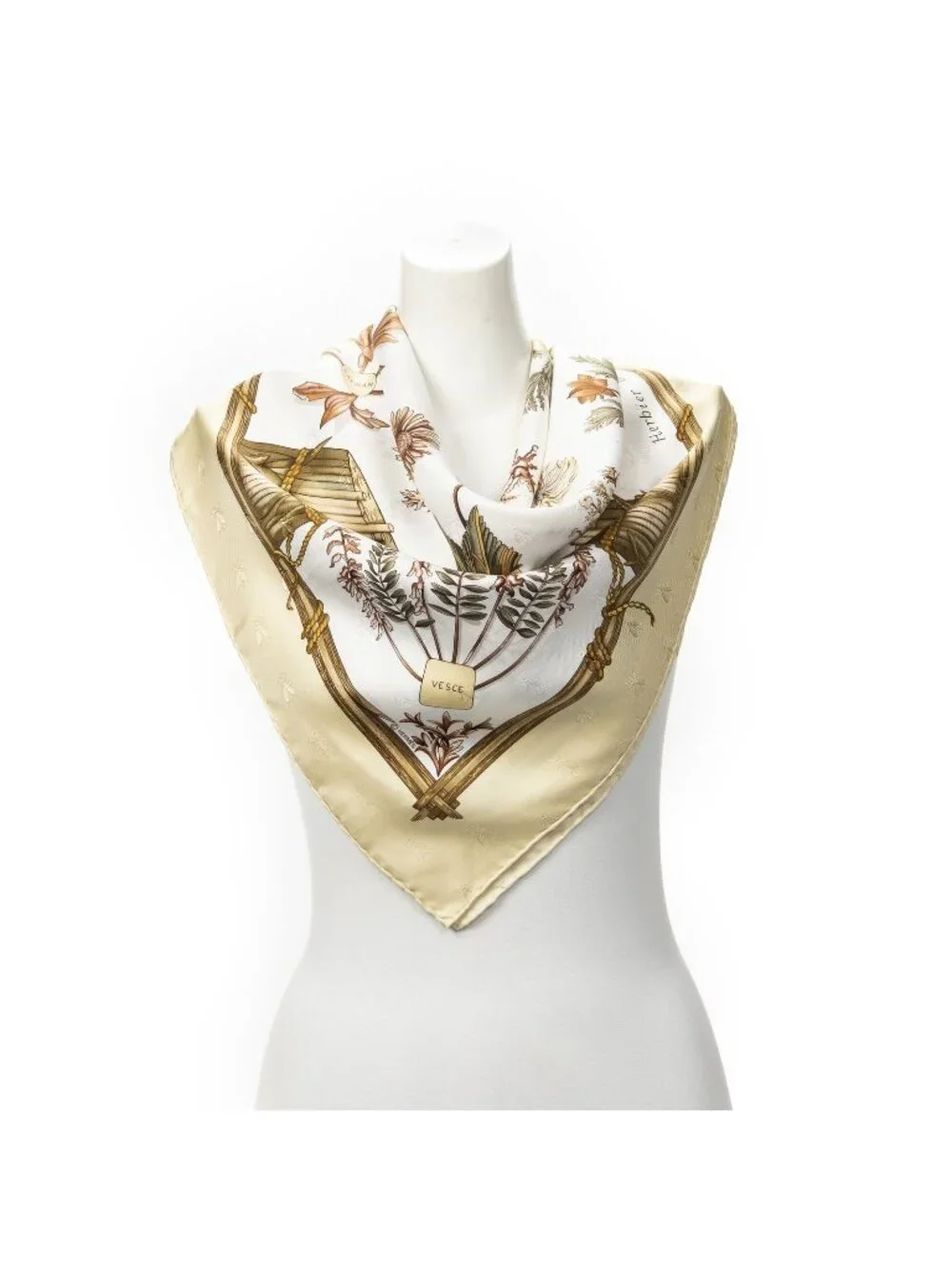 Hermes Scarf Green White 100% Jacquard Silk